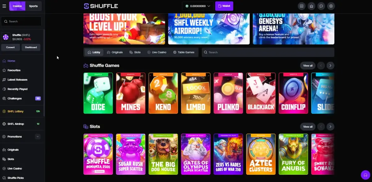 Shuffle casino lobby showing originals and slot categories