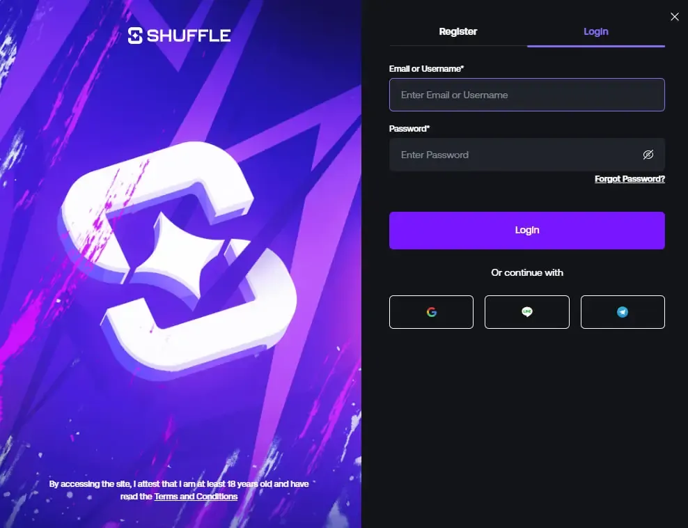 Shuffle login panel with email and password fields and social sign-in options