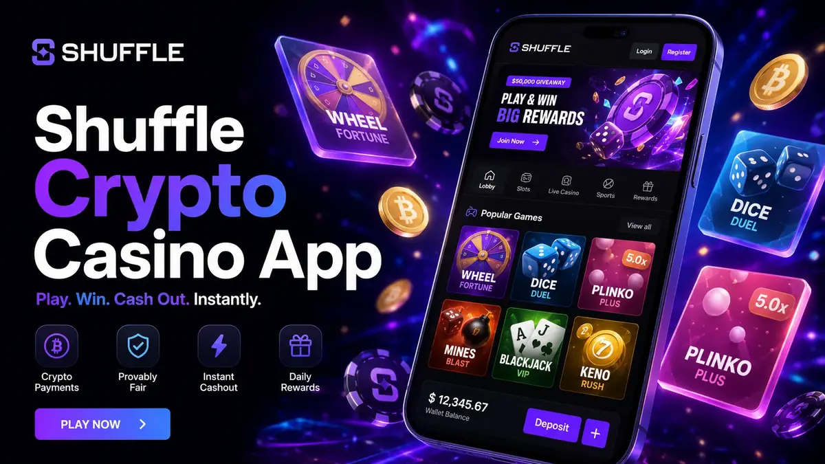 Shuffle crypto casino shown on a phone screen with game tiles and wallet balance