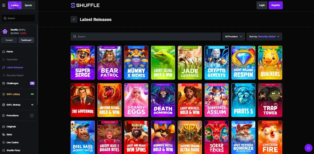 Shuffle slot library page listing recently added games by provider