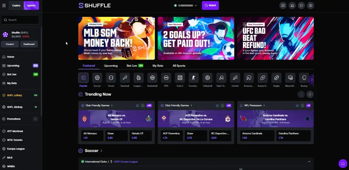 Shuffle sportsbook interface showing trending matches and market prices